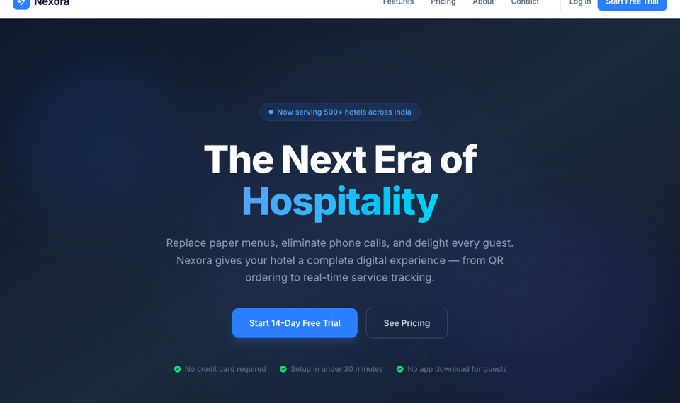 Nexora landing page — 'The Next Era of Hospitality'